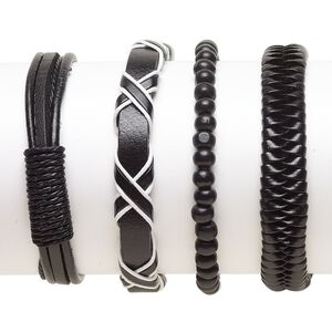 Bracelet mix, Everyday Jewelry, leather (dyed) / faux leather (dyed) / Japanese pagoda wood / waxed cotton, black and white, 5-12mm wide, 7-8 inches. Sold per pkg of 4.