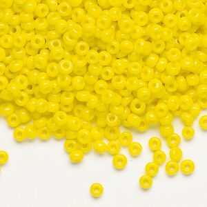 Seed bead, Dyna-Mites™, glass, opaque yellow, #8 round. Sold per 40-gram pkg.