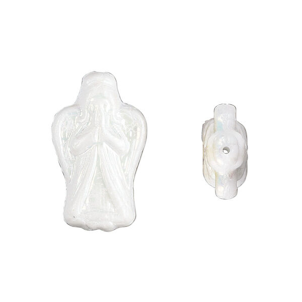 Bead, Preciosa, Czech pressed glass, opaque white AB, 23x13mm angel. Sold per pkg of 5. image number 0