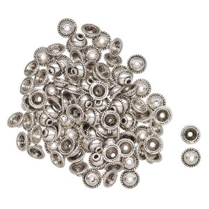 Bead cap, antique silver-finished "pewter" (zinc-based alloy), 10mm domed round with rope edge, fits 9-10mm beads. Sold per pkg of 100.