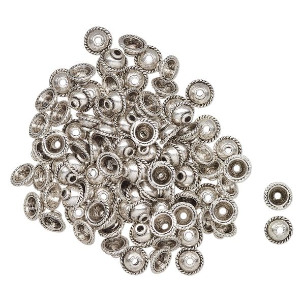 Bead cap, antique silver-finished "pewter" (zinc-based alloy), 10mm domed round with rope edge, fits 9-10mm beads. Sold per pkg of 100. image number 0