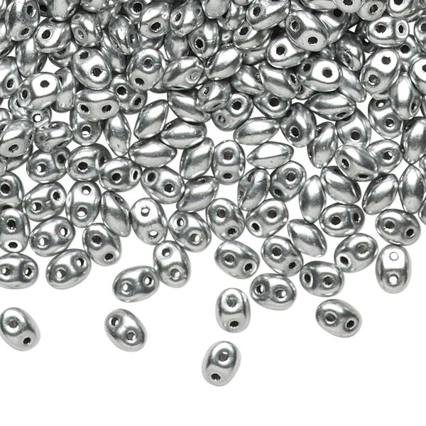 Bead, Preciosa Twin™, Pressed Twin, Czech pressed glass, silver, 5x2.5mm oval with 2 holes. Sold per 50-gram pkg. image number 0