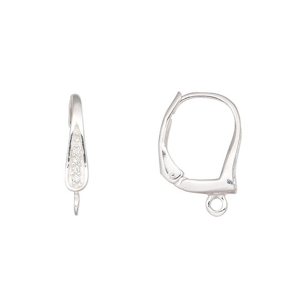 Ear wire leverback 1pkg2 sterling silver / cubic zirconia, 18mm / 10x3.5mm teardrop / closed loop, clear 1 pair image number 0