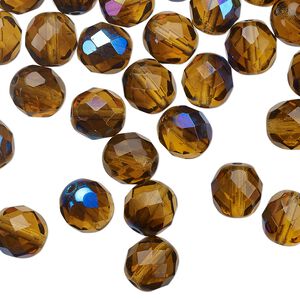 Bead 1pkg50 Czech fire-polished glass, 8mm faceted round, mixed half-coated blue iris honey