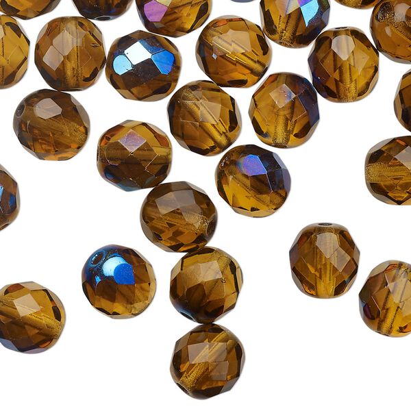 Bead 1pkg50 Czech fire-polished glass, 8mm faceted round, mixed half-coated blue iris honey image number 0