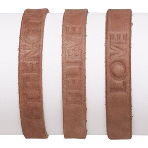 Bracelet, leather (dyed) and waxed cotton cord, brown and dark brown, 10.5mm wide with stamped "Love" / "Believe" / "Strength," adjustable from 6-1/2 to 10 inches with macramé knot closure. Sold per pkg of 3.