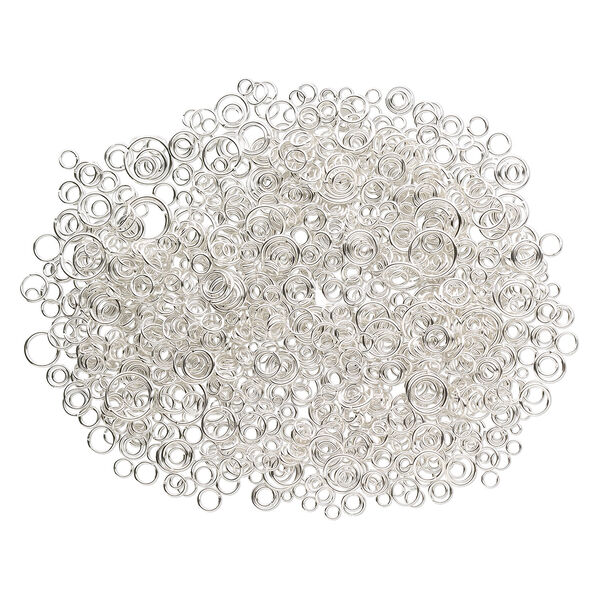 Jump ring mix, silver-plated brass, 3-12mm round, 1.3-10.4mm inside diameter, 18-22 gauge. Sold per 3-ounce pkg, approximately 1,400-1,500 jump rings. image number 1
