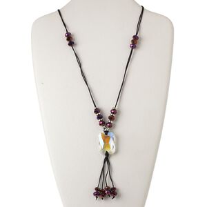 Necklace, glass / color-coated plastic / silver-finished steel / nylon cord, black / clear AB / metallic purple, 33x24mm faceted rectangle, 30-34 inches with lobster claw clasp and 2-inch extender chain. Sold individually.