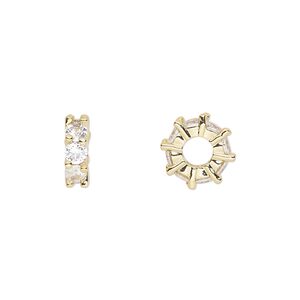 Bead, cubic zirconia and gold-plated brass, clear, 10.5x3.5mm rondelle. Sold per pkg of 2.