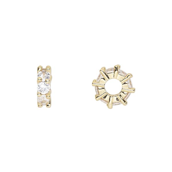 Bead, cubic zirconia and gold-plated brass, clear, 10.5x3.5mm rondelle. Sold per pkg of 2. image number 0