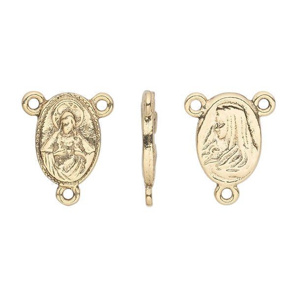 Connector, pewter (tin-based alloy), pkg/1, antique gold plate, 13x10mm two-sided rosary oval with Virgin Mary. image number 0