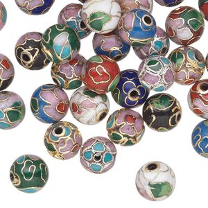 Bead mix, cloisonné, enamel with gold-finished and silver-plated copper, multicolored, 8mm round with flower and leaves. Sold per pkg of 36.