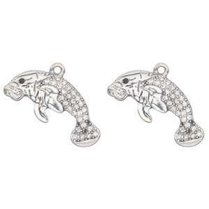 Focal, silver-finished "pewter" (zinc-based alloy) and glass, clear and black, 30x14mm single-sided manatee. Sold per pkg of 2.