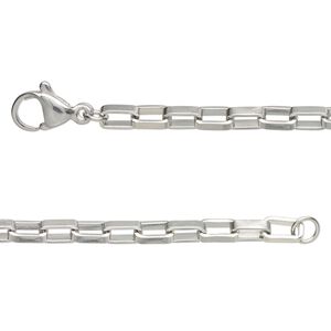 Chain, stainless steel, 3mm rectangular box, 16 inches with lobster claw clasp Sold per pkg of 2.