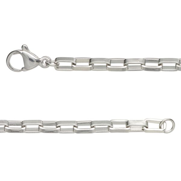 Chain, stainless steel, 3mm rectangular box, 16 inches with lobster claw clasp Sold per pkg of 2. image number 0