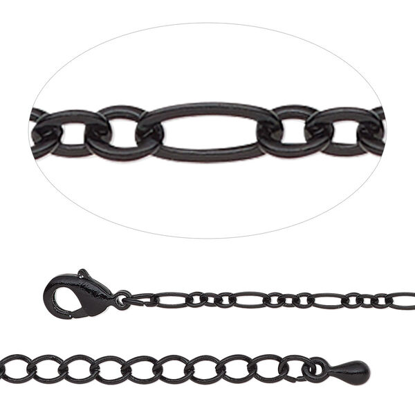 Chain, black-finished steel and brass, 2.5mm figaro, 7-1/2 inches with 2-inch extender chain and lobster claw clasp. Sold individually. image number 0