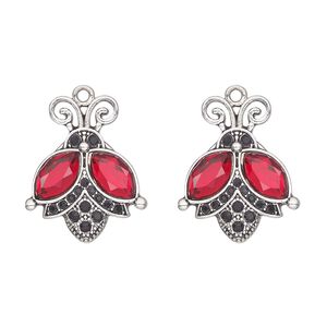 Charm, antique silver-finished "pewter" (zinc-based alloy) and glass, red / black / clear, 26x22mm single-sided ladybug. Sold per pkg of 2.