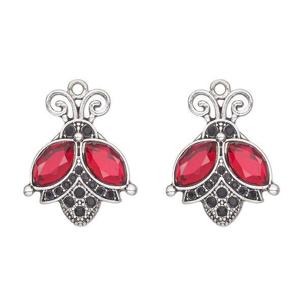 Charm, antique silver-finished "pewter" (zinc-based alloy) and glass, red / black / clear, 26x22mm single-sided ladybug. Sold per pkg of 2. image number 0