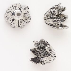 Bead cap, "pewter" (zinc-based alloy), pkg/3, 18x16mm-19x16mm textured flower, fits 14-16mm beads, antique silver finish.