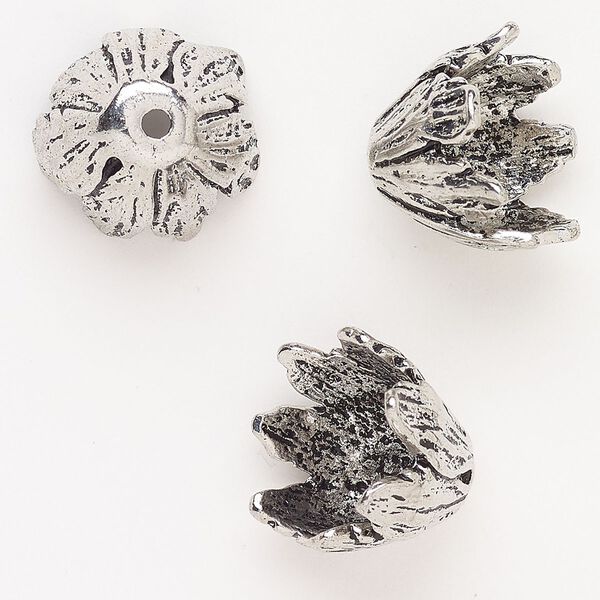 Bead cap, "pewter" (zinc-based alloy), pkg/3, 18x16mm-19x16mm textured flower, fits 14-16mm beads, antique silver finish. image number 0