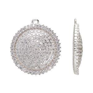 Drop, cubic zirconia and silver-plated brass, clear, 24mm single-sided domed round. Sold individually.
