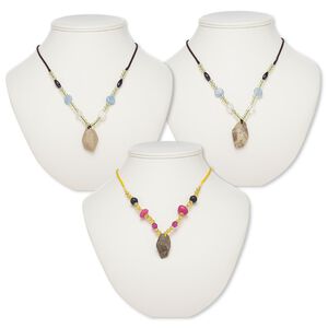 Multi-gemstone / acrylic / glass 1pkg3, freeform pendant necklace 20 inch continuous loop mix 31x19mm-33x21mm