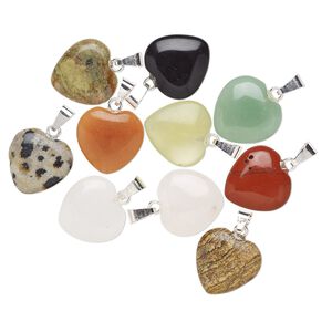 Multi-gemstone / brass 1pkg10, silver-plated heart pendant natural mix 15mm