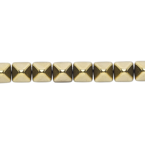 Spacer, Preciosa, Czech pressed glass, opaque bronze gold, 6x6x7mm 2-strand pyramid, fits up to 3mm bead. Sold per 8-inch strand, approximately 30 spacers. image number 0