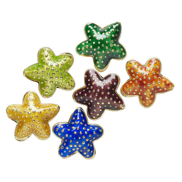 Bead mix, cloisonné, enamel and gold-finished copper, mixed colors, 18mm starfish. Sold per pkg of 6. image number 0