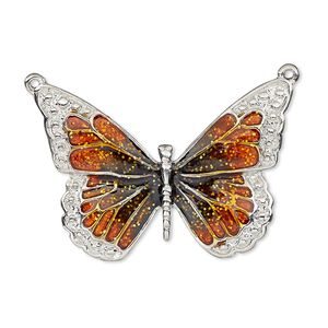 Focal, enamel and imitation rhodium-plated "pewter" (zinc-based alloy), orange and black with glitter, 35x25mm single-sided butterfly. Sold individually.