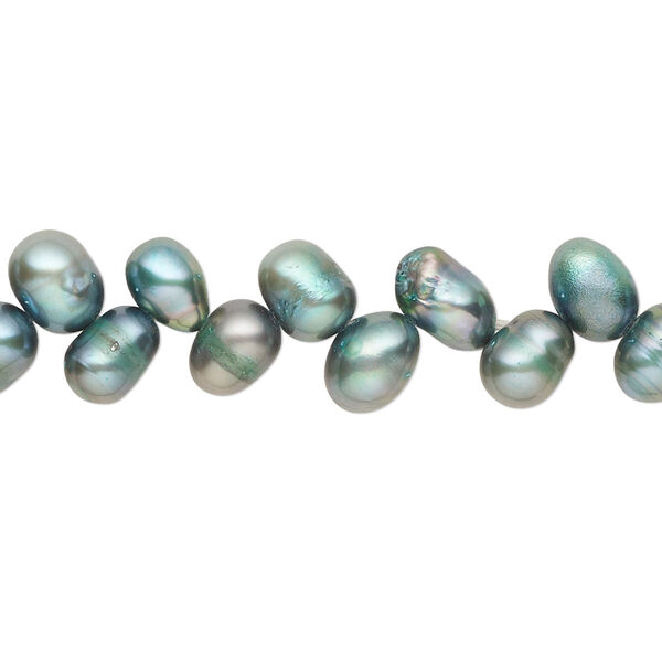 Pearl, cultured freshwater (dyed), iris green, 7x5mm-8x6mm herringbone-drilled rice with 0.4-0.6mm hole, C- grade, Mohs hardness 2-1/2 to 4. Sold per 15-inch strand. image number 0