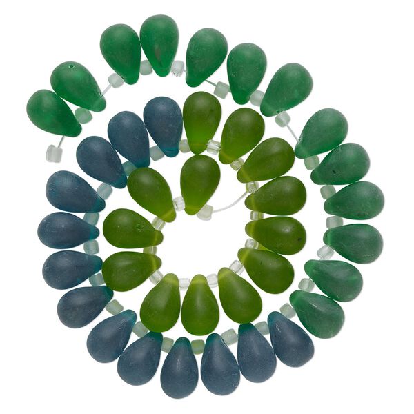 Bead, glass, translucent matte light green, green and teal, 16x10mm top-drilled teardrop with irregular rondelles. Sold per 14-inch strand. image number 0