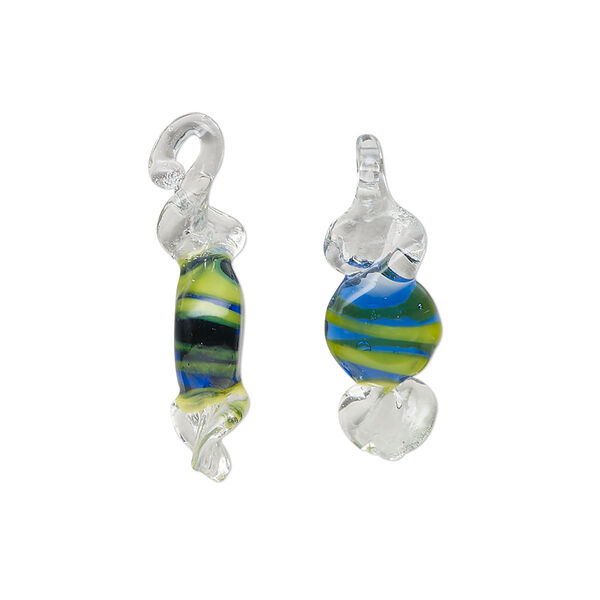 Drop, lampworked glass, translucent green / blue / dark green, 20x8mm-25x11mm candy. Sold per pkg of 2. image number 0