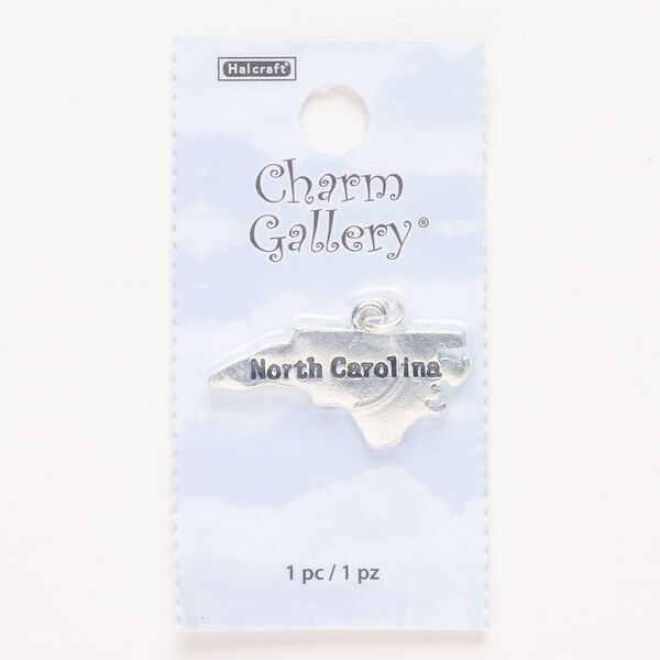 Charm, steel and enamel, pkg/1, silver finish and black, 30x14mm with "North Carolina." image number 0