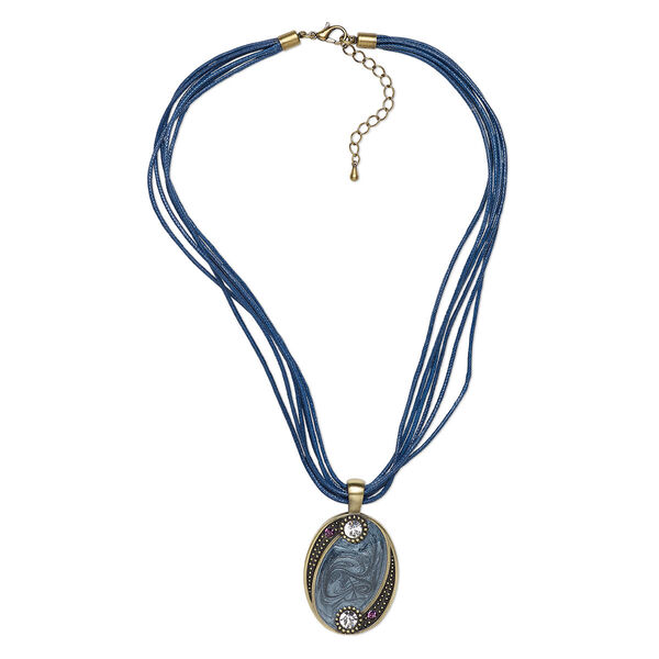 Necklace, 6-strand, waxed cotton cord / crystal rhinestone / antique gold-plated brass, dark blue / purple / clear, 51x31mm oval, 16 inches with 3-inch extender chain and lobster claw clasp. Sold individually. image number 0