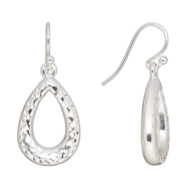 Earring, Create Compliments®, fine silver, electroformed, 33mm diamond-cut open teardrop with fishhook ear wire, 19 gauge. Sold per pair. image number 0