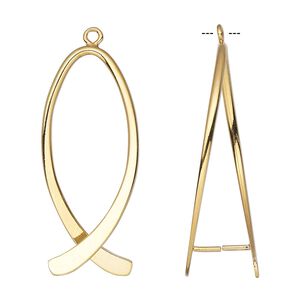 Bail, ice-pick, gold-plated brass, 35x15mm double-sided oval, 28mm grip length. Sold per pkg of 2.