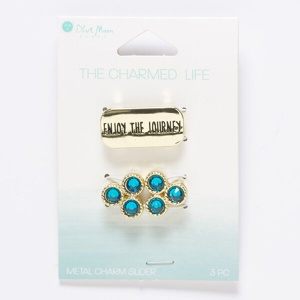 Slide mix, glass / gold- / antique gold-finished "pewter" (zinc-based alloy), aqua blue, (1) 27x13mm rounded rectangle with "ENJOY THE JOURNEY," and (2) 15mm rounded triangle, 10x2mm hole. Sold per pkg of 3. image number 0