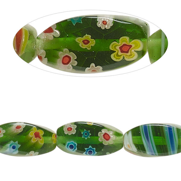 Bead, millefiori glass, translucent green and multicolored, 15x7-17-9mm 4-sided twisted oval with flower and stripe design. Sold per 14-inch strand. image number 0