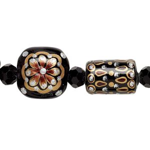 Bead, glass and lampworked glass, black / multi-browns / metallic silver, 6mm faceted round and 10x10mm-16x10mm double-sided multi-shape with hand-painted abstract design. Sold per 7-inch strand.