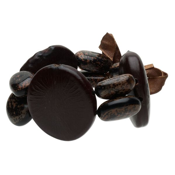 Bracelet, stretch, nicker bean / rice bean / organza ribbon, brown, 7-1/2 inches. Sold individually. image number 0