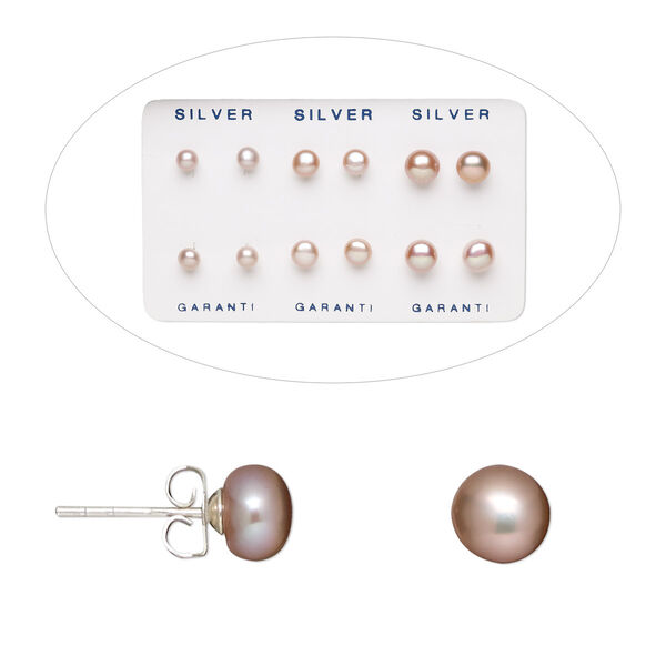Earstud, sterling silver and cultured freshwater pearl, mauve, 4-4.5mm / 5-5.5mm / 6-6.5mm button with post. Sold per pkg of 6 pairs. image number 0