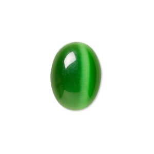 Cabochon, cat's eye glass (fiber optic glass), green, 20x15mm calibrated oval, quality grade. Sold per pkg of 4.
