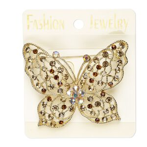 Brooch, glass rhinestone and gold-finished "pewter" (zinc-based alloy), yellow AB / brown / light brown, 64x64mm butterfly. Sold individually.