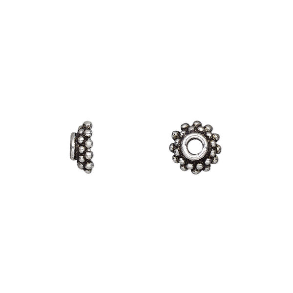 Bead cap, antique silver-plated white brass, 7x3mm beaded round, fits 8-12mm bead. Sold per pkg of 10. image number 0