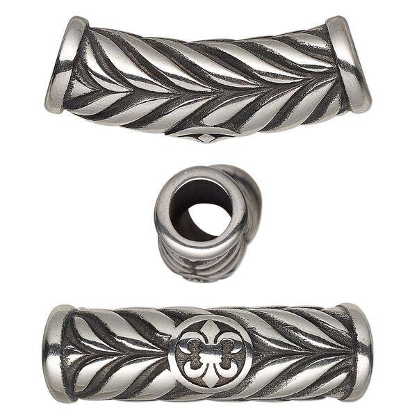 Bead, antiqued stainless steel, 29x12.5mm curved tube with leaves and fleur-de-lis design. Sold individually. image number 0