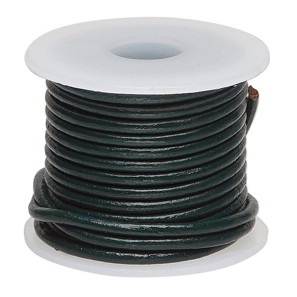 Cord, leather (dyed), dark green, 2mm round. Sold per 5-yard spool. image number 0