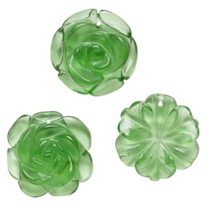 Drop mix, glass, translucent green, 30x28mm-30x30mm top-drilled carved flower. Sold per pkg of 3.