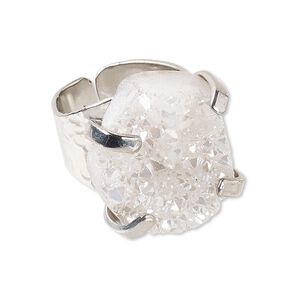 Ring, electroplated druzy agate (coated) and imitation rhodium-plated brass, white, hammered band with 24x18mm-27x21mm hand-cut freeform, adjustable. Sold individually.