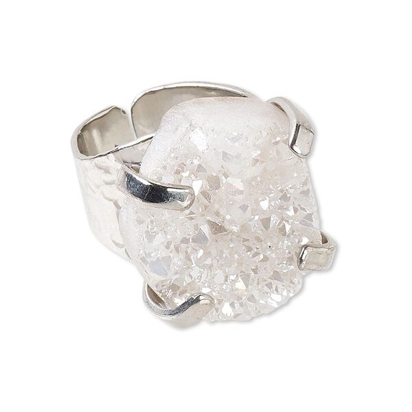 Ring, electroplated druzy agate (coated) and imitation rhodium-plated brass, white, hammered band with 24x18mm-27x21mm hand-cut freeform, adjustable. Sold individually. image number 0